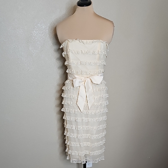 Vintage 90s Betsey Johnson Tea Party Ruffled Cream Strapless Dress Ivory - Picture 1 of 11